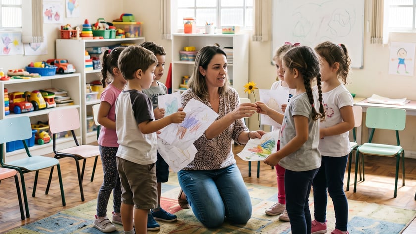 Professora ajoelhada mostra desenhos a cinco crianças em sala com faixa "Feliz Dia das Crianças"