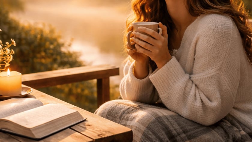 Mulher de suéter claro segura uma caneca em mesa de madeira com livro, vela e flores.
