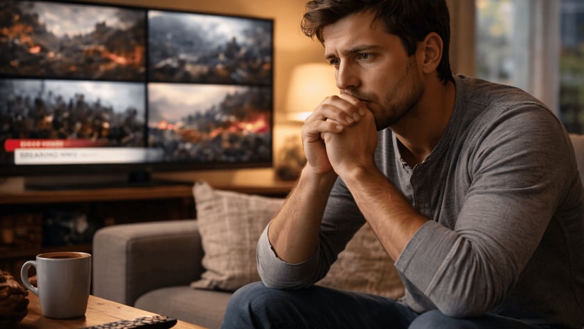 Homem sentado no sofá, com as mãos junto ao rosto, olha a televisão com imagens de destruição.