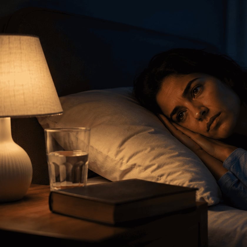 Mulher deitada na cama, de olhos abertos, ao lado de abajur aceso, copo d'água e livro.