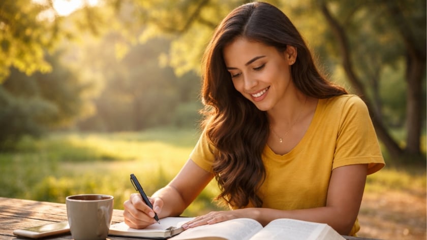 Mulher de cabelo castanho escreve em um caderno numa mesa de madeira ao ar livre.