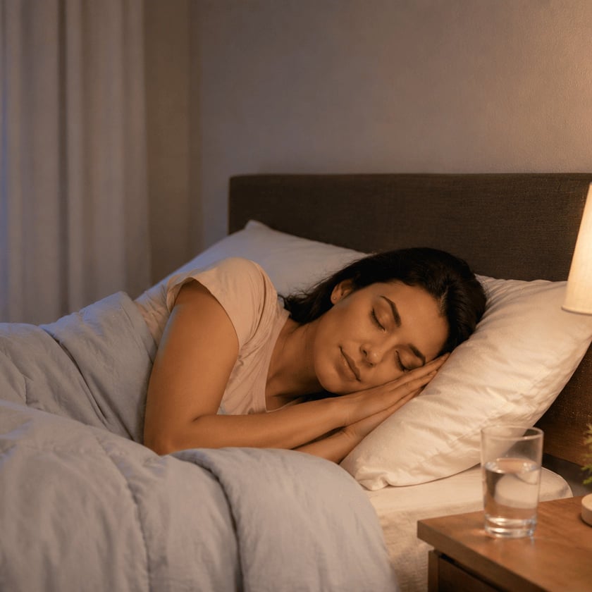 Mulher de cabelo escuro dorme de lado na cama, com abajur aceso ao lado.