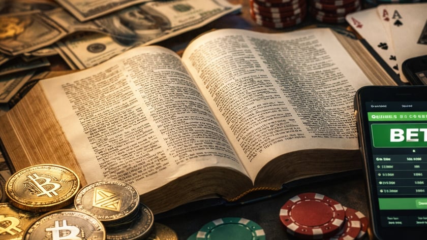 Livro aberto cercado por dinheiro, fichas de pôquer, moedas de bitcoin, cartas e celular com "BET".