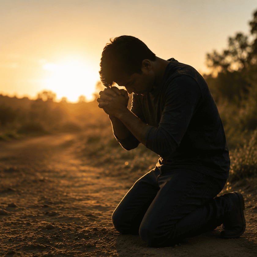 Homem ajoelhado em uma estrada de terra, de cabeça baixa e mãos unidas, ao pôr do sol.