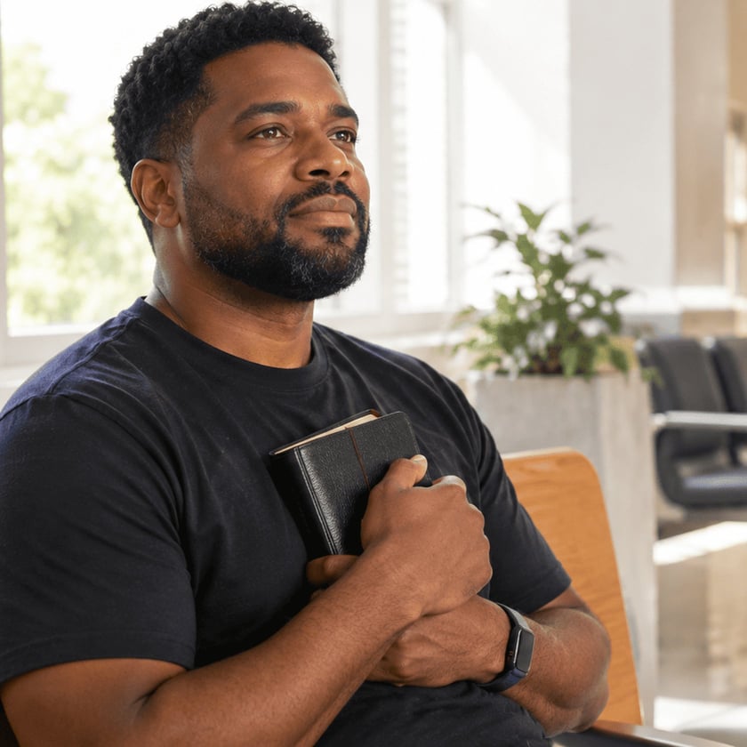 Homem de barba e camiseta preta sentado, segurando uma Bíblia junto ao peito.