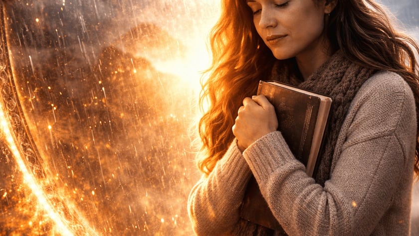 Mulher de cabelos longos e olhos fechados abraça um livro ao lado de um escudo flamejante.