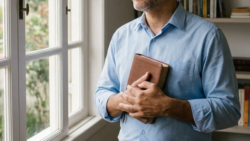 Homem grisalho de camisa azul segura um livro marrom e olha pela janela.