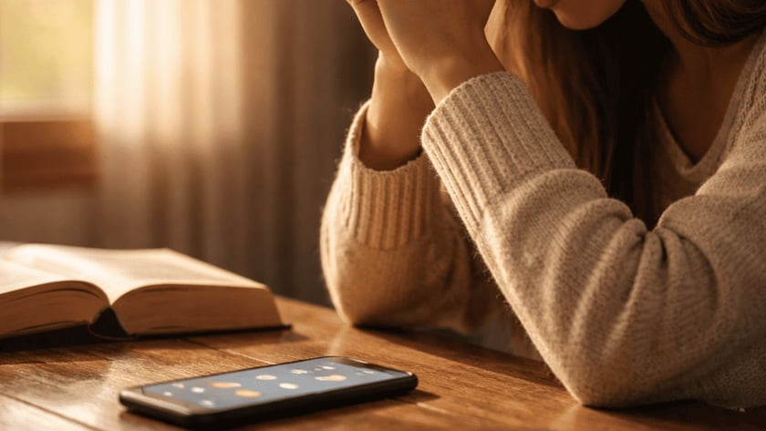Mulher de suéter claro, de olhos fechados e mãos juntas, ao lado de uma Bíblia e um celular.