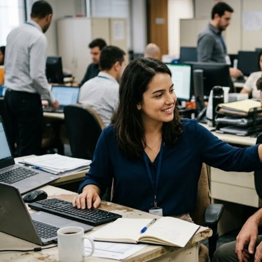 Mulher sorridente com crachá estende o braço em escritório movimentado com colegas ao fundo.