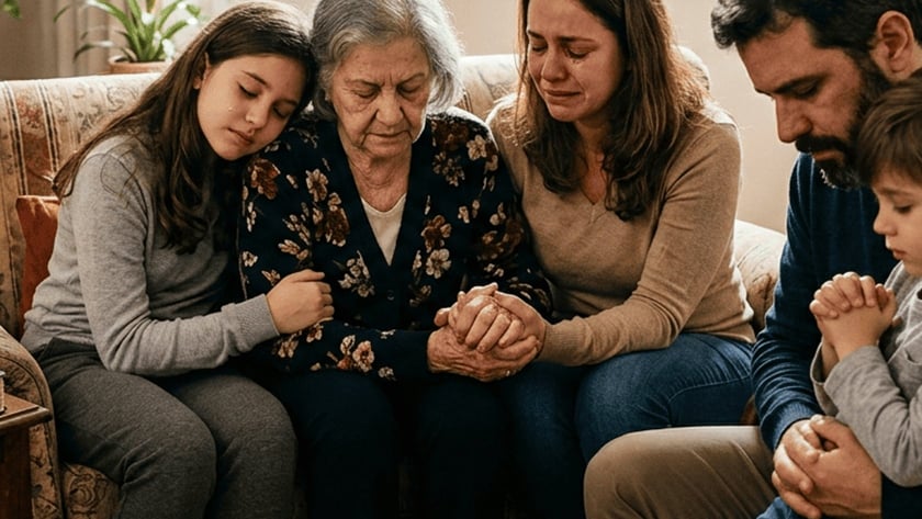 Menina encosta a cabeça no ombro de uma idosa, no sofá, perto de um retrato e uma vela.