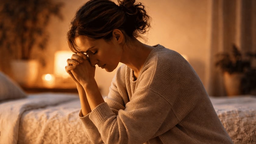 Mulher ajoelhada ao lado da cama, de olhos fechados e mãos unidas junto à testa.