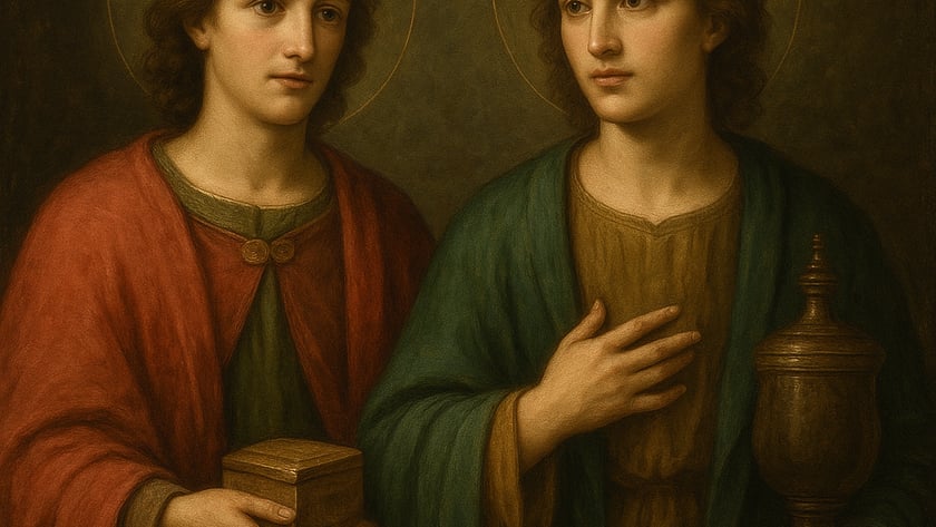 Dois jovens com auréolas, de manto vermelho e verde, seguram uma caixa e uma urna.