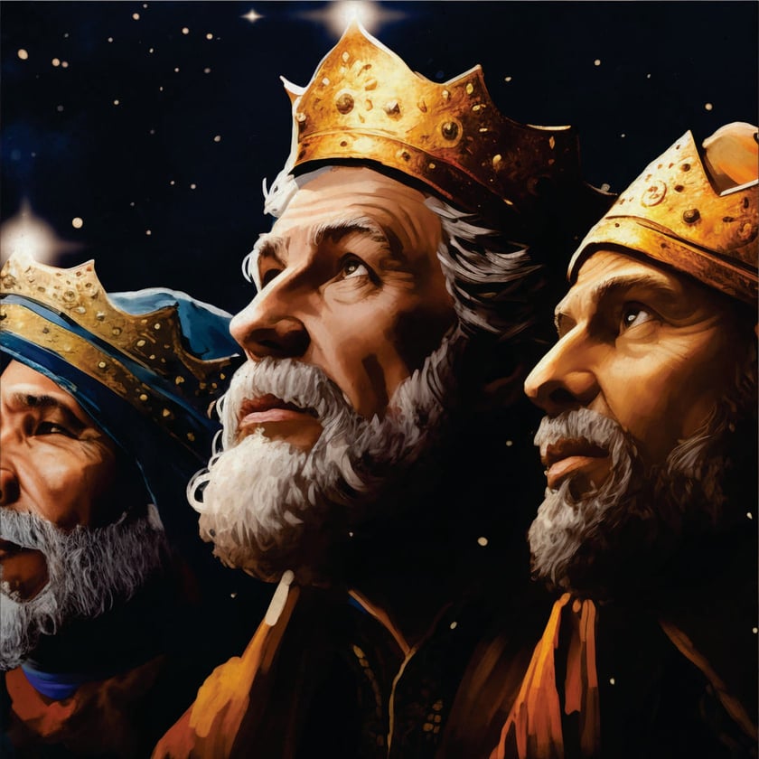 Três homens barbudos de coroas douradas olham para o céu estrelado à noite.