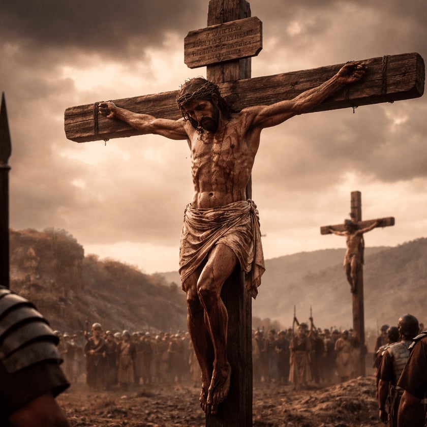 Homem coroado de espinhos crucificado em cruz de madeira, com soldados e multidão ao fundo.