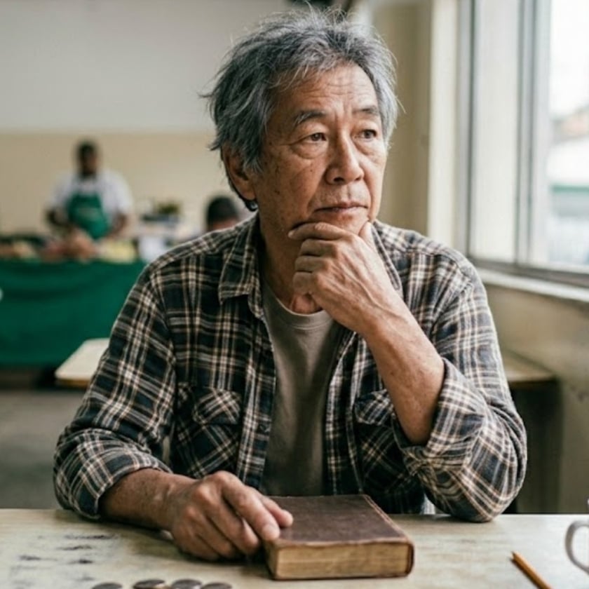 Homem idoso de camisa xadrez, sentado à mesa com um livro, olha pela janela.