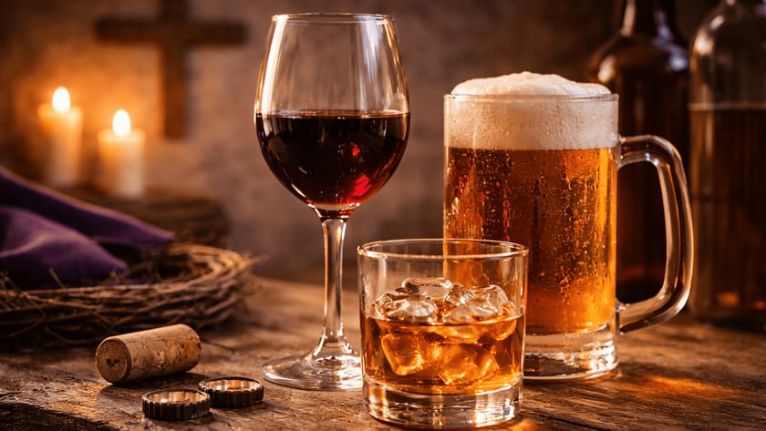 Taça de vinho tinto, copo de uísque com gelo e caneca de cerveja sobre mesa de madeira.