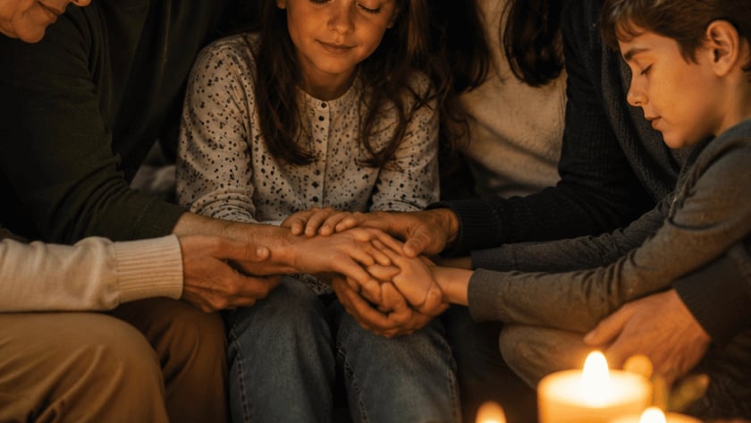 Família de várias gerações sentada junta, de olhos fechados e mãos unidas, cercada por velas acesas.