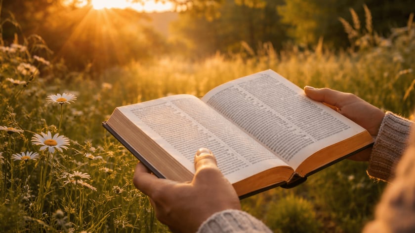 Pessoa segura um livro aberto em um campo de flores silvestres ao pôr do sol.