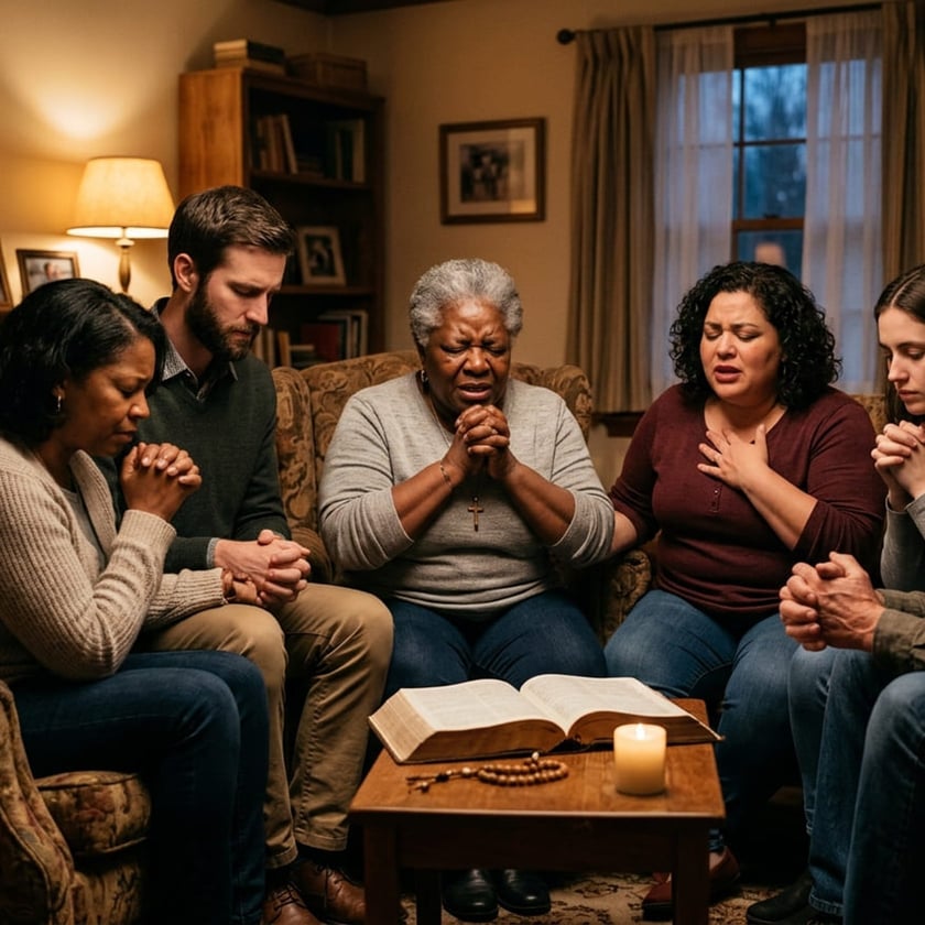 Cinco pessoas rezam de mãos postas numa sala, com uma Bíblia aberta e uma vela à frente.