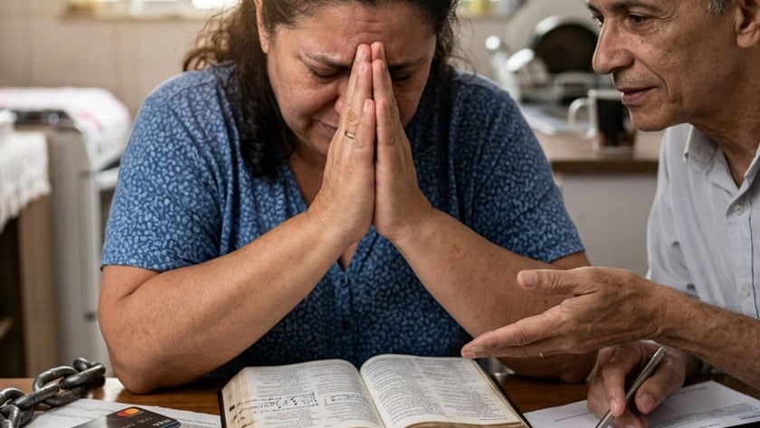 Mulher de mãos postas sobre uma Bíblia, cercada de contas e cartões, com um homem ao lado.