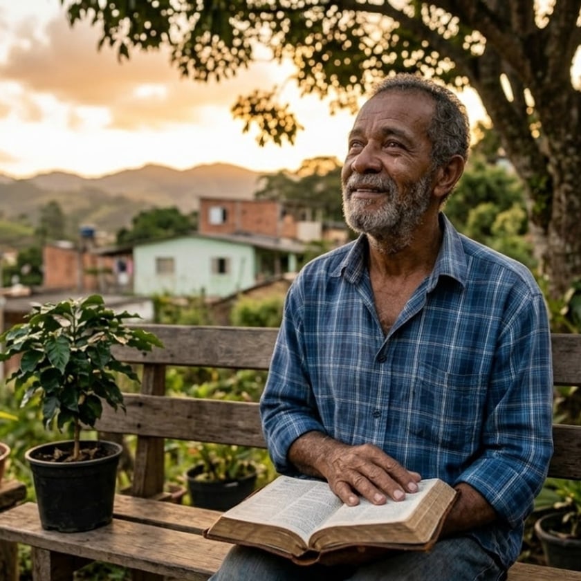 Homem idoso de barba grisalha sentado num banco com uma Bíblia aberta no colo, olhando para cima.