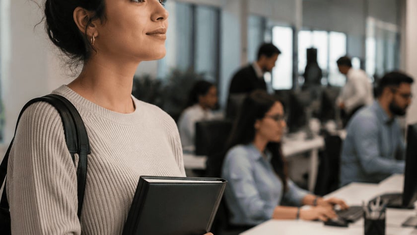 Mulher com bolsa e caderno em pé num escritório onde colegas trabalham.