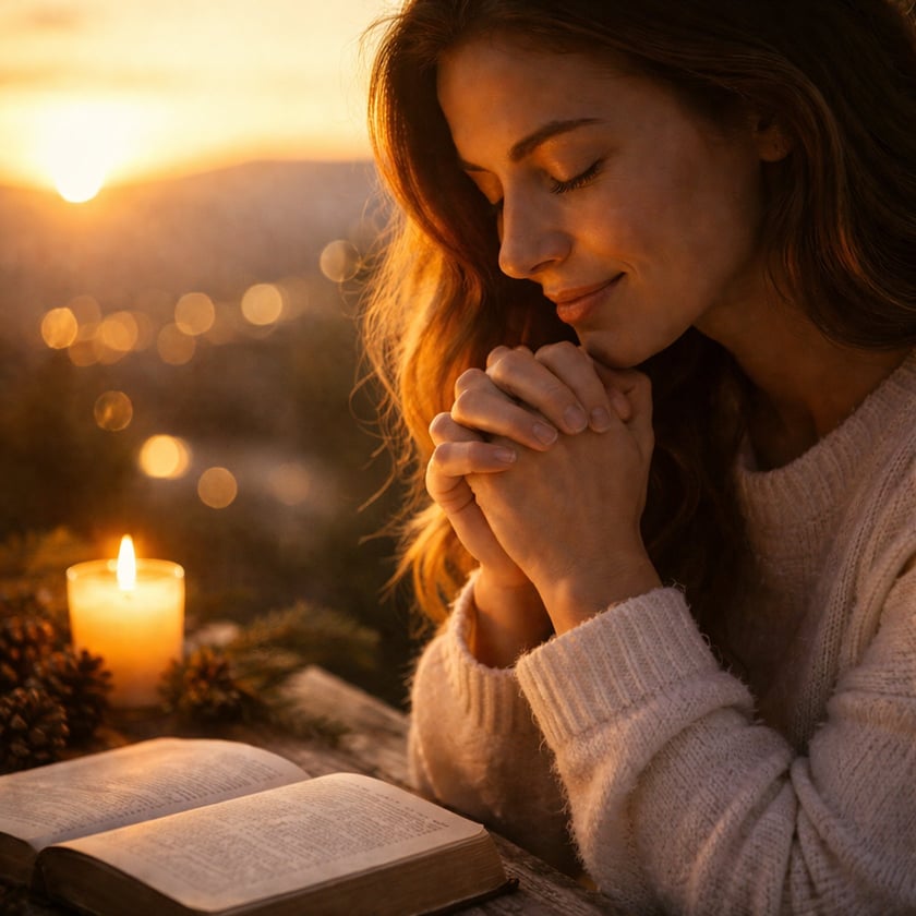 Mulher de olhos fechados e mãos unidas ao lado de uma Bíblia aberta e uma vela.