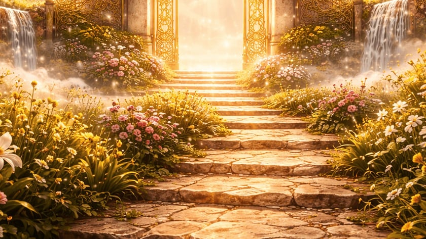 Escadaria de pedra entre flores leva a portões dourados abertos, com cachoeiras ao lado.