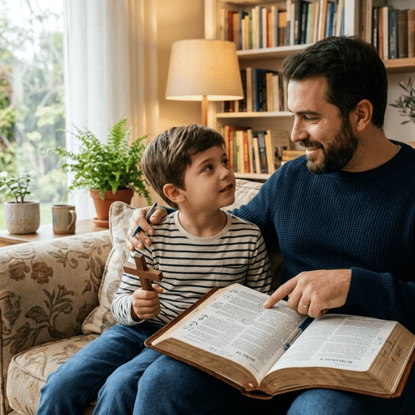 Pai e filho sentados no sofá, com uma Bíblia aberta no colo e uma cruz de madeira.