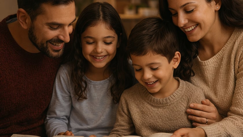 Pai, mãe, menina e menino sorrindo enquanto leem livros abertos juntos no sofá, em casa.