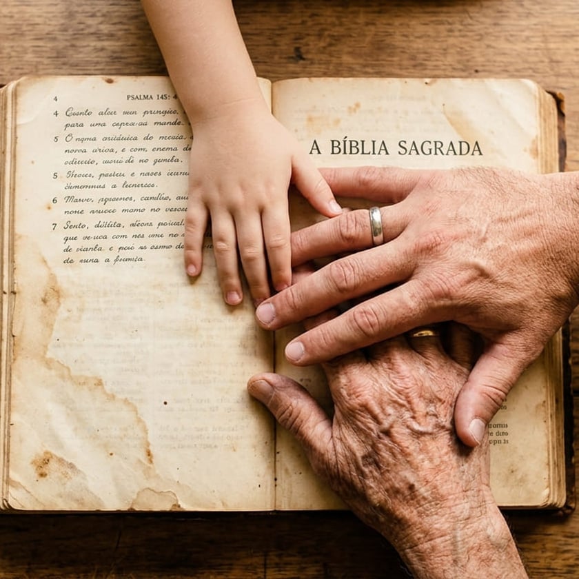 Mão de criança e mãos de adultos sobre uma Bíblia antiga aberta: "A Bíblia Sagrada"