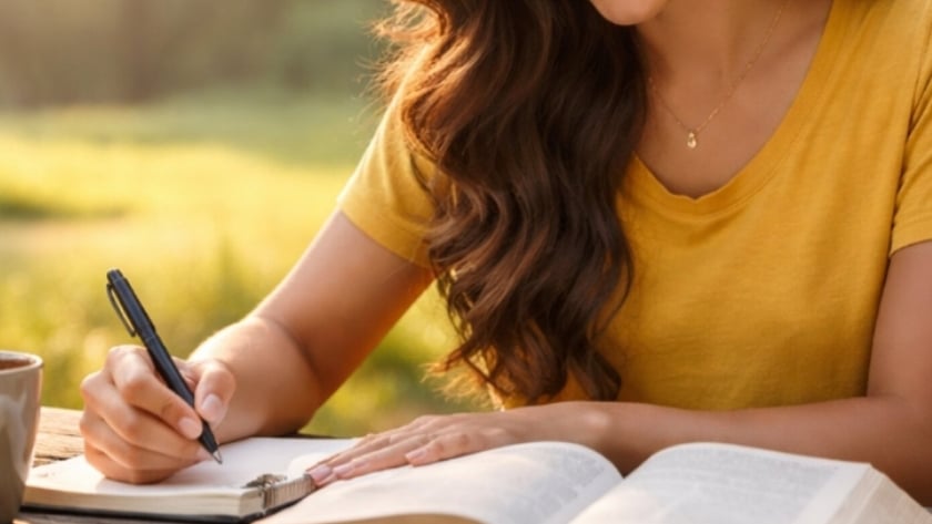 Mulher de cabelo castanho escreve em um caderno numa mesa de madeira ao ar livre.
