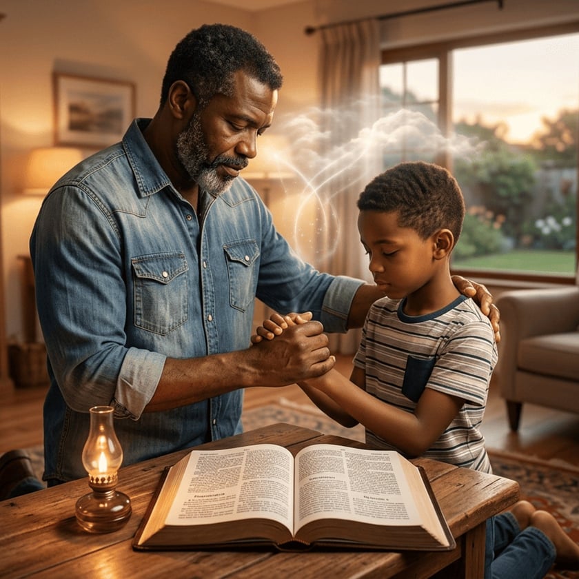 Homem de camisa jeans segura as mãos de um menino que reza, diante de uma Bíblia aberta.