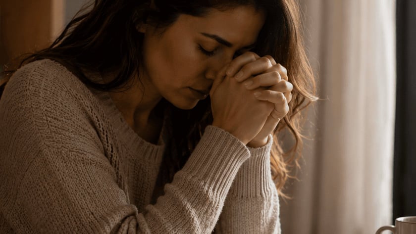 Mulher de olhos fechados e mãos juntas ao lado de uma Bíblia aberta, xícara e planta.