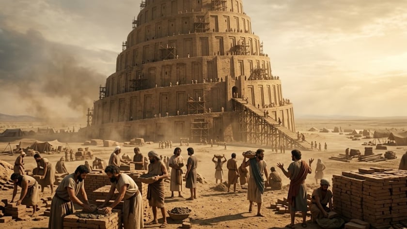 Operários fazem tijolos de barro diante de uma enorme torre em degraus no deserto.