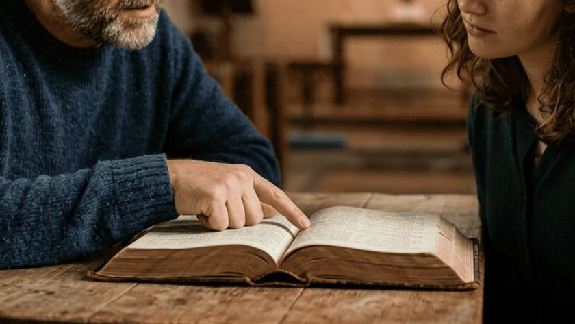 Homem e jovem leem uma Bíblia aberta sobre mesa de madeira numa igreja.