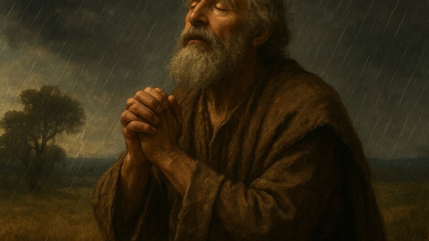 Homem idoso de barba grisalha ajoelhado com as mãos postas sob a chuva em um campo. "ChatGPT"