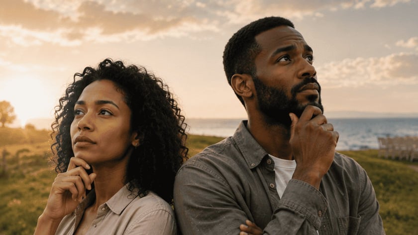 Homem e mulher de costas um para o outro, com a mão no queixo, ao ar livre.