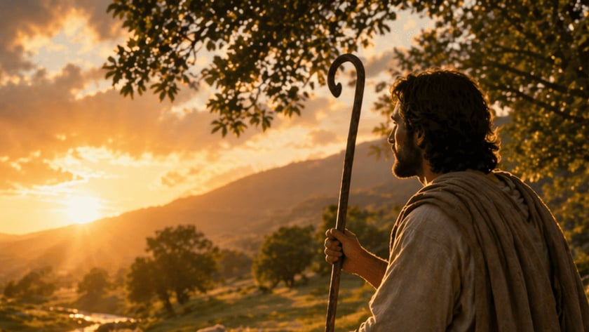 Pastor barbado sentado com cajado ao lado de uma ovelha, olhando um vale ao pôr do sol.