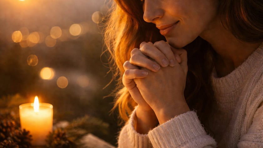 Mulher de olhos fechados e mãos unidas ao lado de uma Bíblia aberta e uma vela.