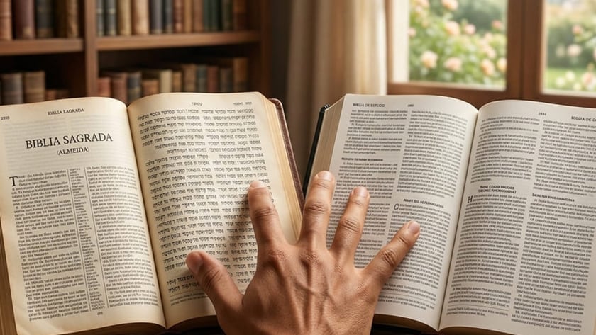 Mão sobre duas Bíblias abertas, com moedas e cédulas na mesa: "Bíblia Sagrada".