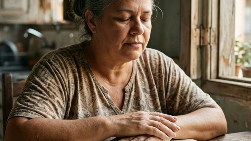 Mulher de cabelos grisalhos, de olhos fechados, com as mãos sobre um livro aberto numa mesa