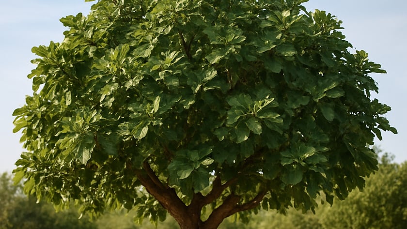 Figueira frondosa de tronco grosso em um campo de capim seco.