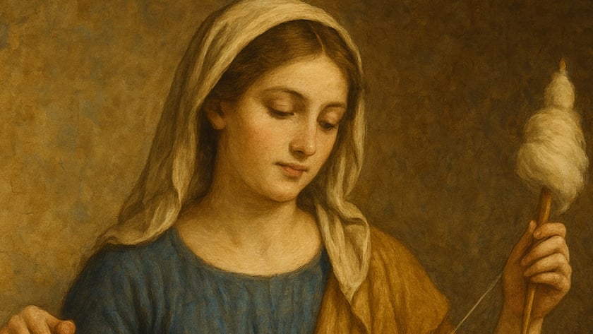 Mulher de manto claro na cabeça fia lã com um fuso, ao lado de uma jarra.