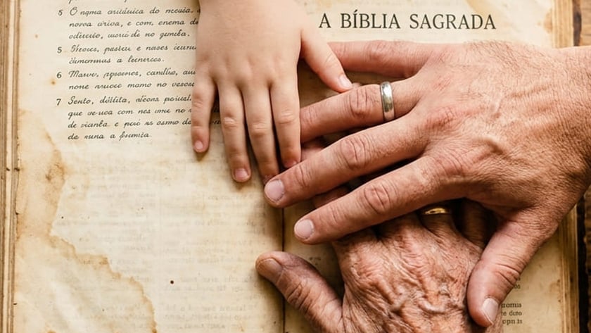 Mão de criança e mãos de adultos sobre uma Bíblia antiga aberta: "A Bíblia Sagrada"