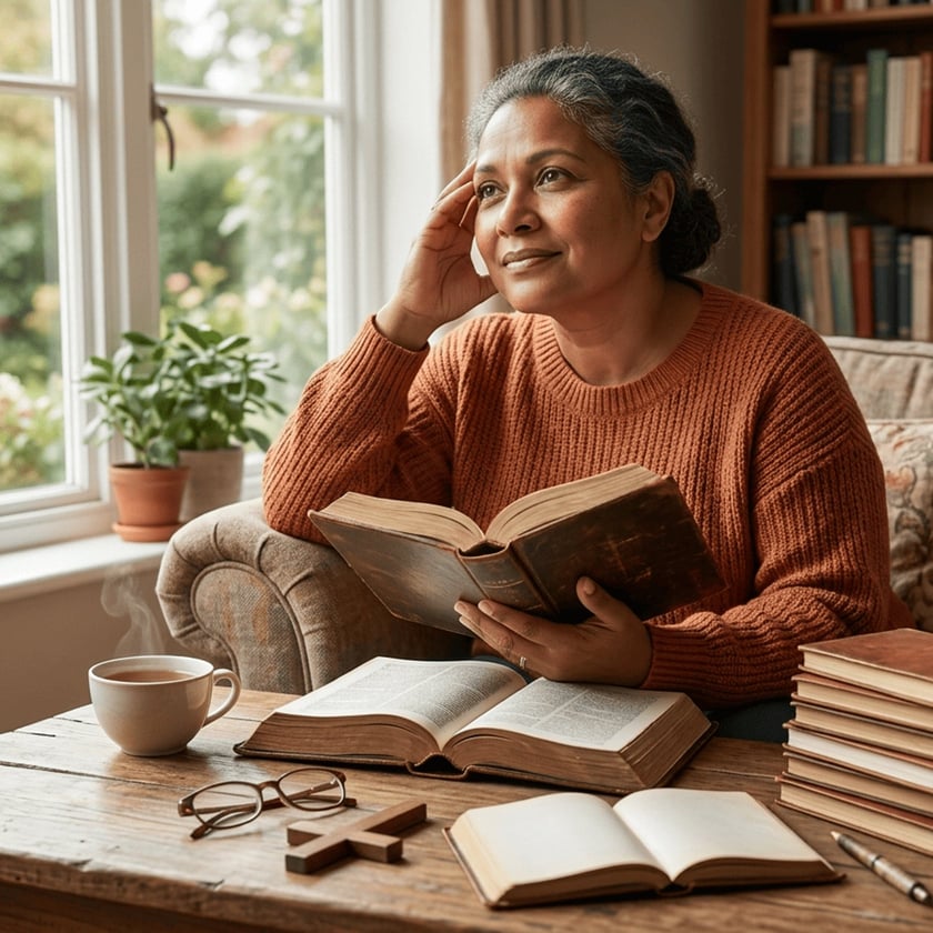 Mulher de suéter laranja segura um livro e olha pela janela, ao lado de uma mesa com livros.