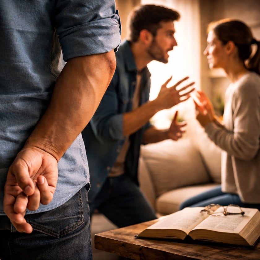 Homem com dedos cruzados atrás das costas, enquanto casal discute na sala