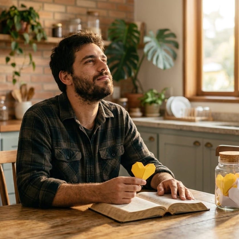Homem barbudo sentado à mesa de cozinha, com coração de origami amarelo e livro aberto.