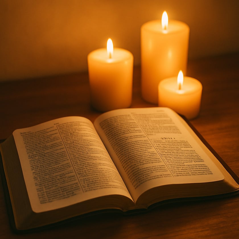 Bíblia aberta sobre mesa de madeira, com três velas acesas atrás.