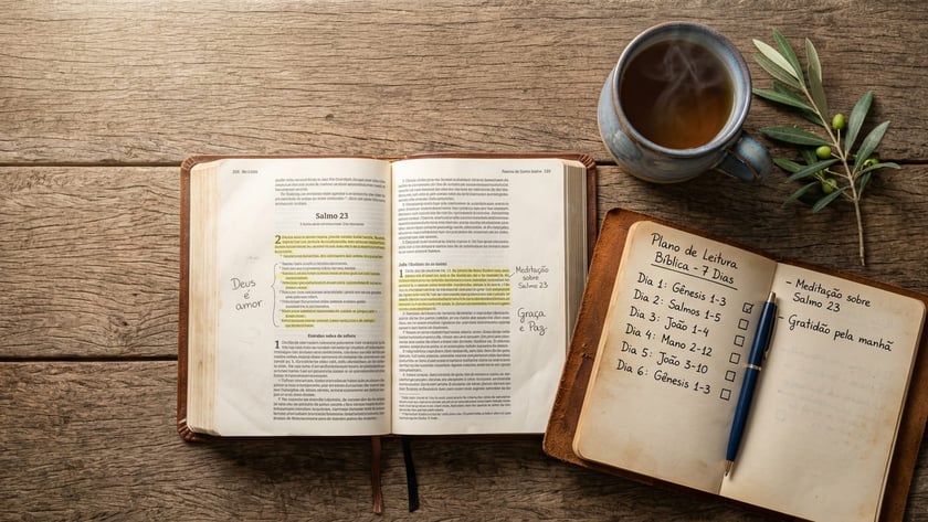 Bíblia aberta no Salmo 23, caneca de chá e caderno com "Plano de Leitura Bíblica - 7 Dias".